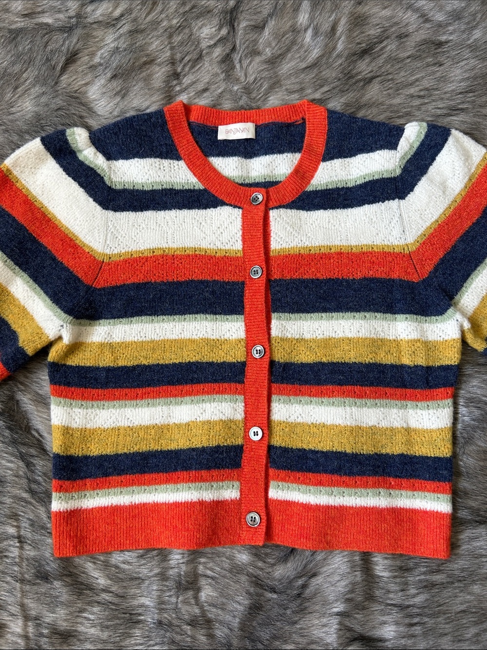 Banjanan Alpaca Wool Cardigan Sweater Short Sleeve Striped Buttondown Large